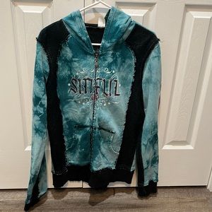 Zip Up Hoodie Distressed Angel Wings Sinful Cross Roses Stars